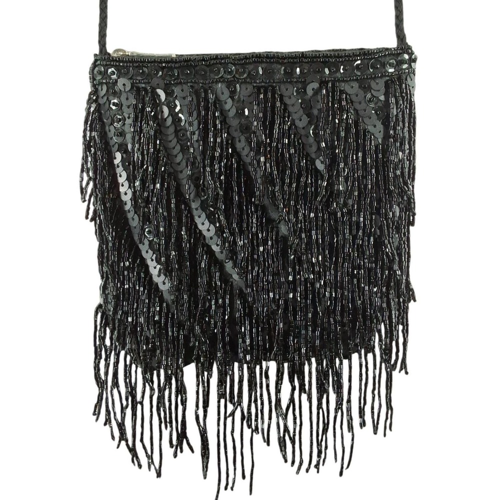 Far Nine Vintage Y2K Black‎ Beaded Fringe Sequin Crossbody Evening Bag Purse